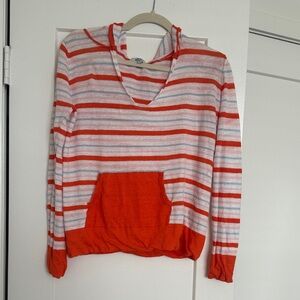 Women's V-Neck Hooded Sweater in Orange & White Stripe